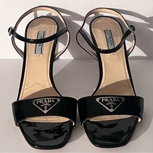 Authentic PRADA Black Patent Leather Open Toe 3” Heels - Italy 38.5/8.5
